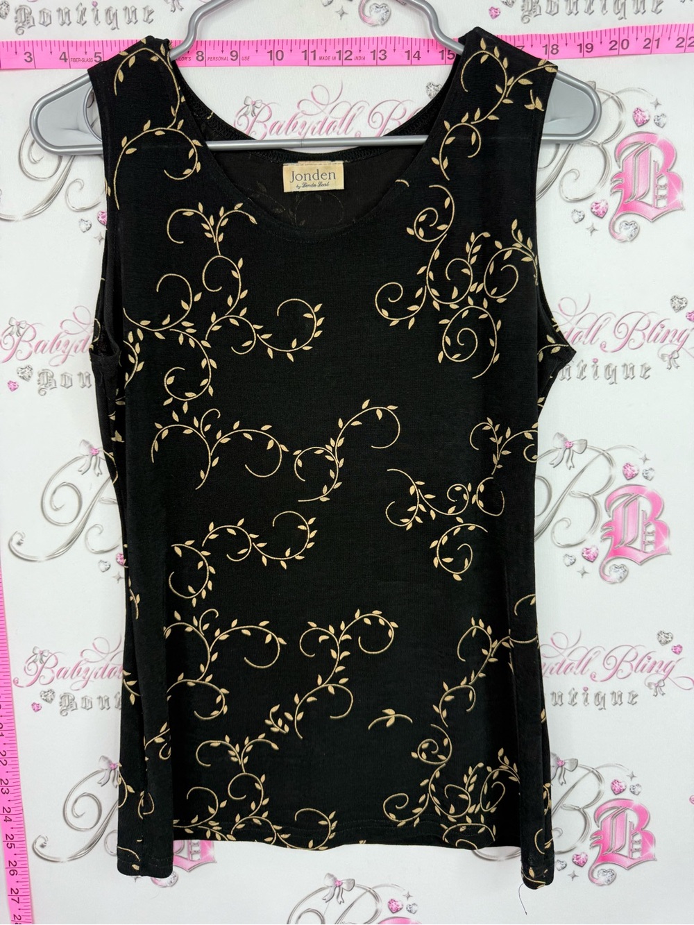 Jonden tank top swirls Black Tank Top with Gold Vine Print